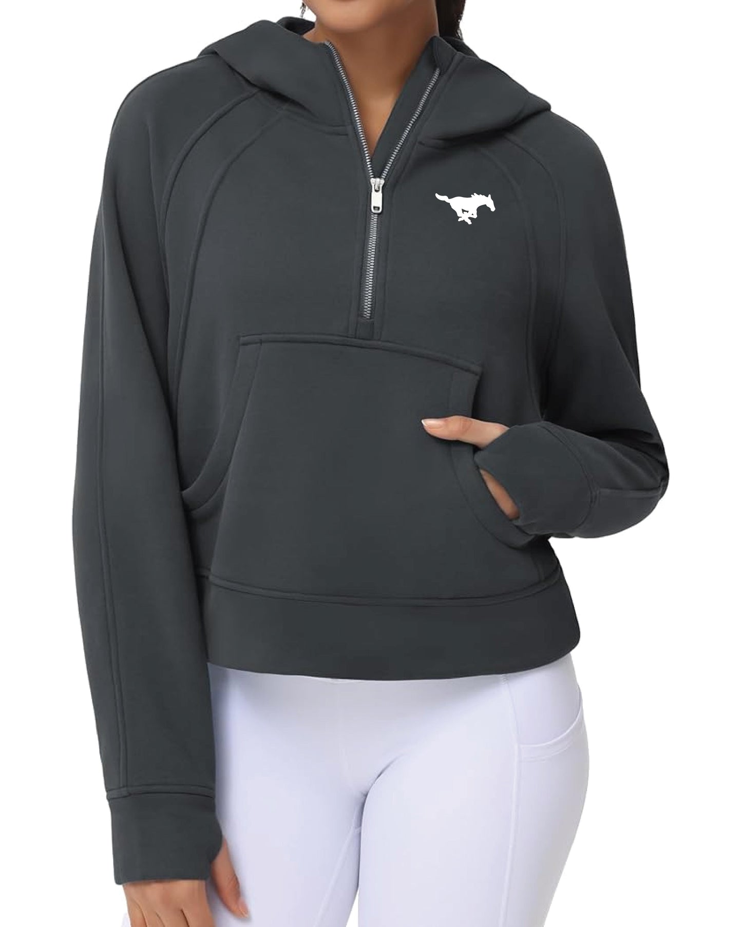 Womens' Half Zip Long Sleeve Fleece Crop Pullover Sweatshirts - Dark Grey